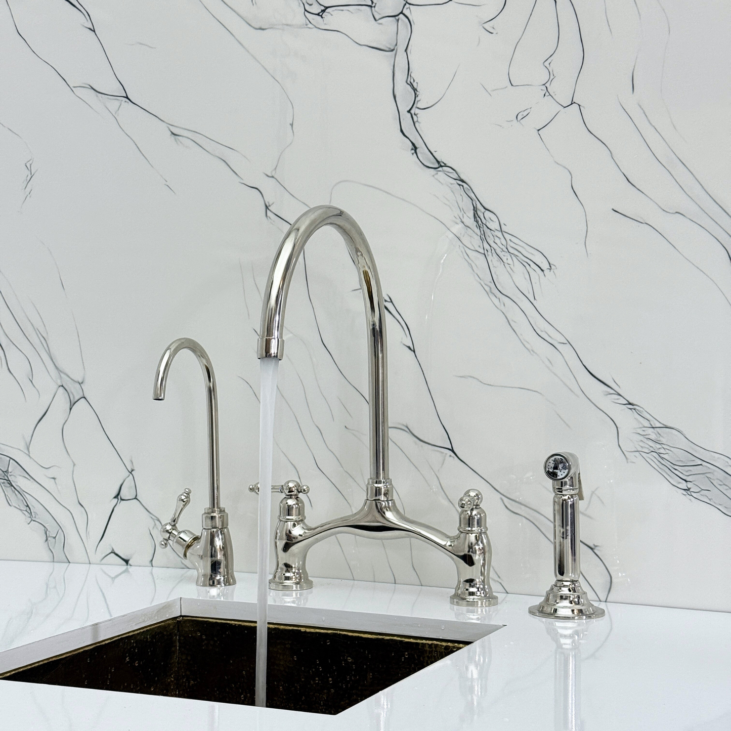 Polished Nickel Kitchen Bridge Faucet with Sprayer, Drinking Water Tap and Lever Handles