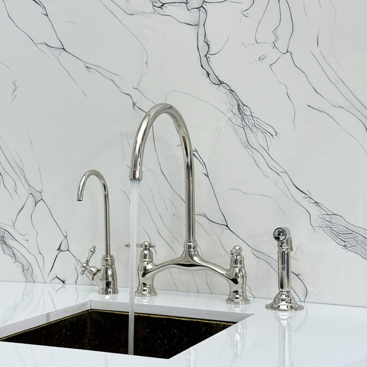 Polished Nickel Kitchen Bridge Faucet with Sprayer, Drinking Water Tap and Lever Handles