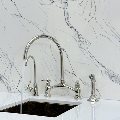 Polished Nickel Kitchen Bridge Faucet with Sprayer, Drinking Water Tap and Lever Handles