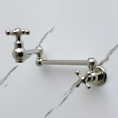 Polished Nickel Pot Filler with Cross Handles, Solid Nickel Wall Mount Pasta Faucet