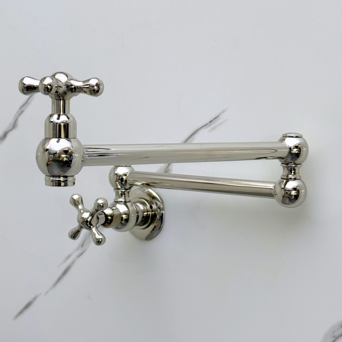 Polished Nickel Pot Filler with Cross Handles, Solid Nickel Wall Mount Pasta Faucet