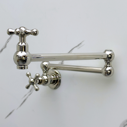 Polished Nickel Pot Filler with Cross Handles, Solid Nickel Wall Mount Pasta Faucet