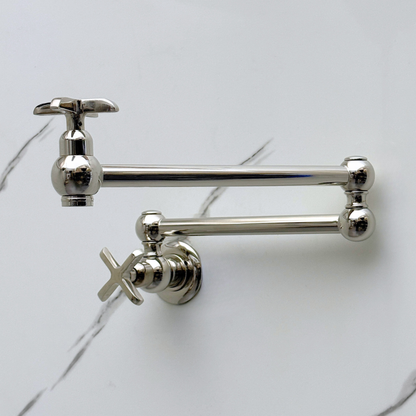 Polished Nickel Pot Filler with Cross Handles, Solid Nickel Wall Mount Pasta Faucet