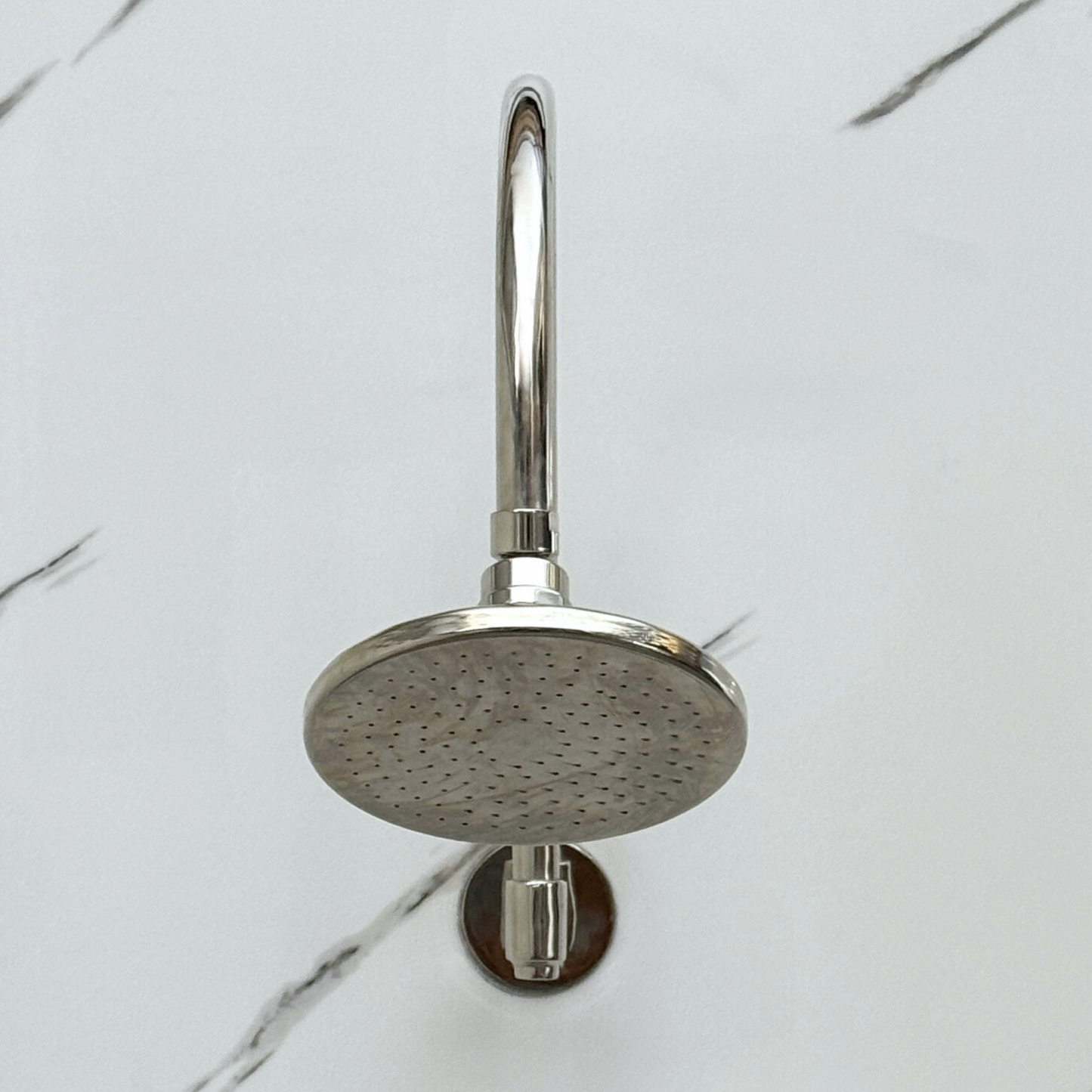 Polished Nickel Flat Rain Shower Head with Arcuate Arm, Adjustable Nickel Shower Head