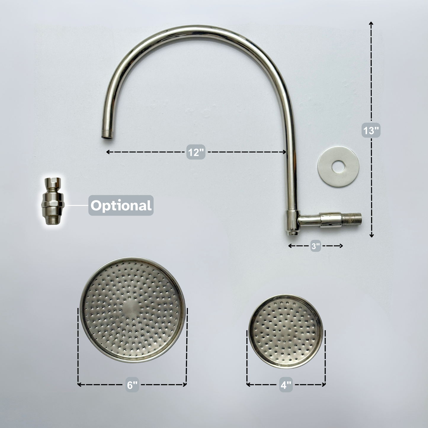 Polished Nickel Rain Shower Head with Arcuate Arm, Adjustable Nickel Shower Head