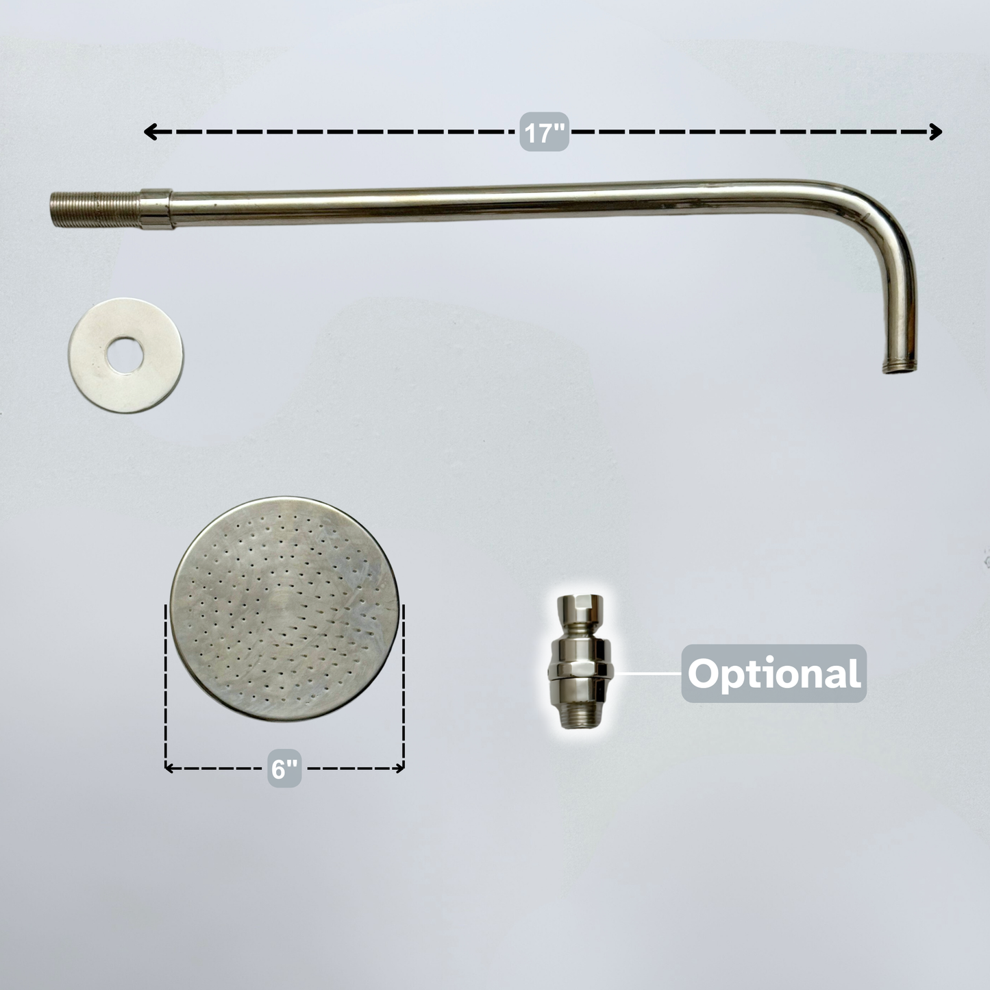 Polished Nickel Flat Rain Shower Head with Straight Arm, Adjustable Nickel Shower Head