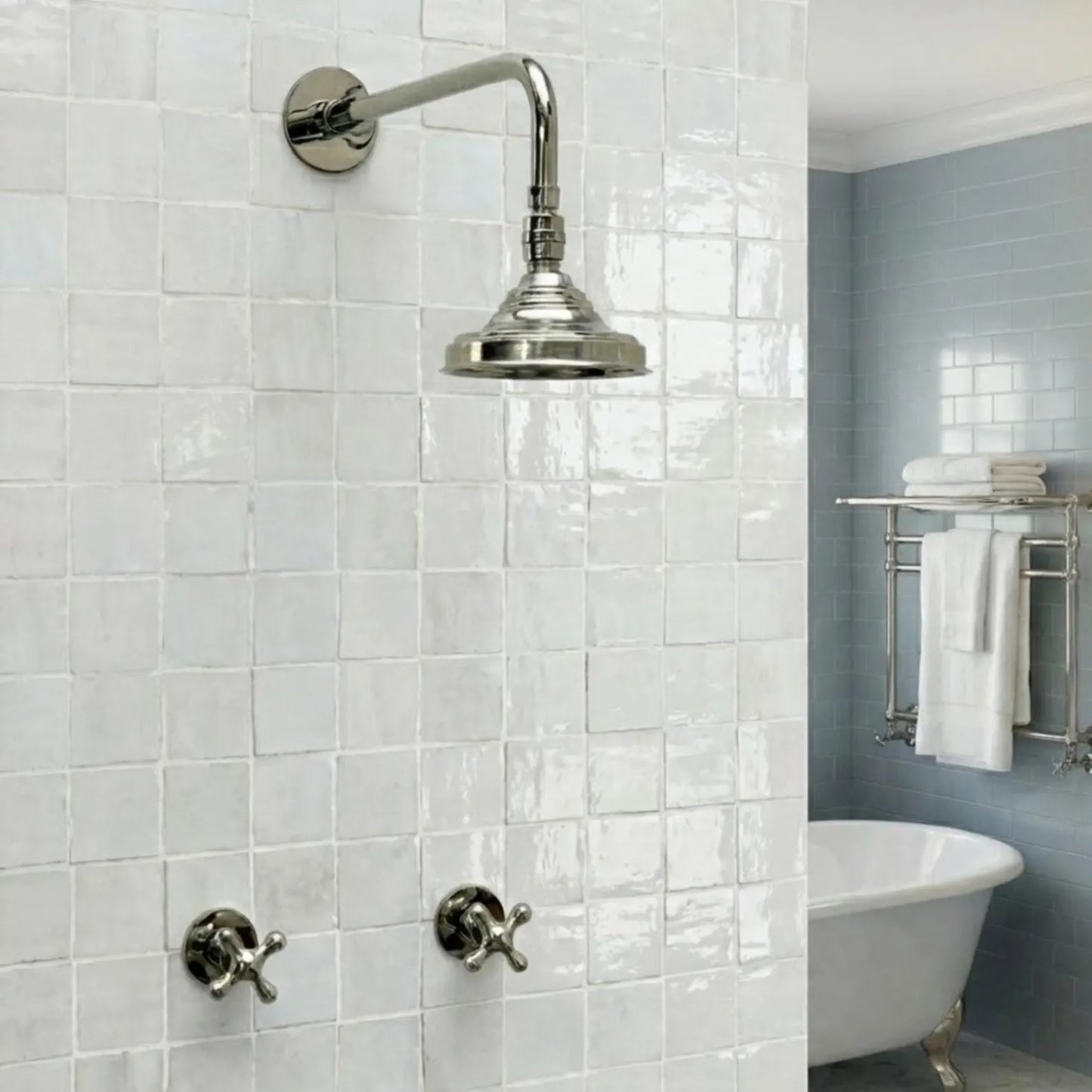 Polished Nickel Shower System with Adjustable Round Rain Shower Head, Cross Handles and Straight Arm
