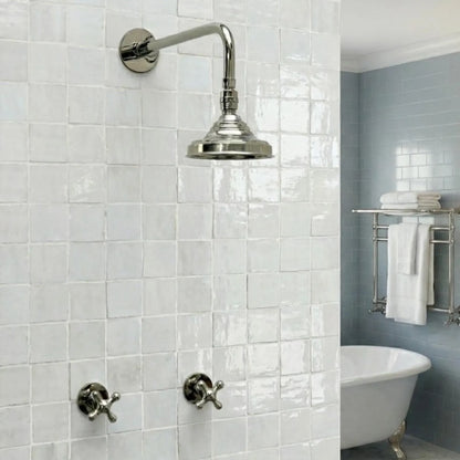 Polished Nickel Shower System with Adjustable Round Rain Shower Head, Cross Handles and Straight Arm