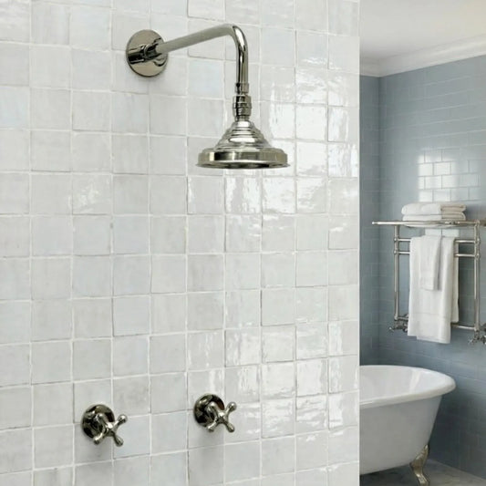 Polished Nickel Shower System with Adjustable Round Rain Shower Head, Cross Handles and Straight Arm