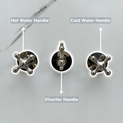 Polished Nickel Shower System with Adjustable Flat Round Rain Shower Head, Handheld Shower Head, Tub Filler and Cross Handles