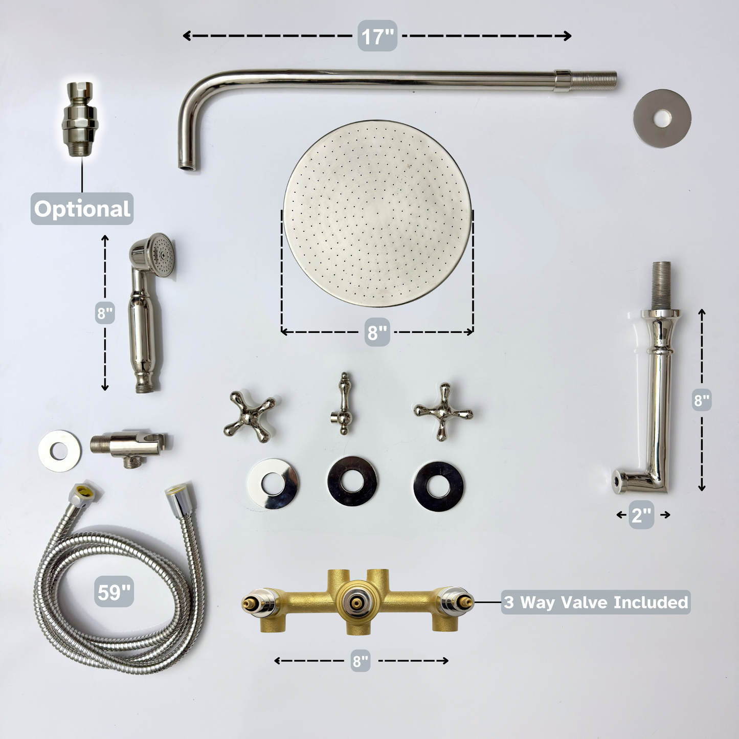 Polished Nickel Shower System with Adjustable Flat Round Rain Shower Head, Handheld Shower Head, Tub Filler and Cross Handles
