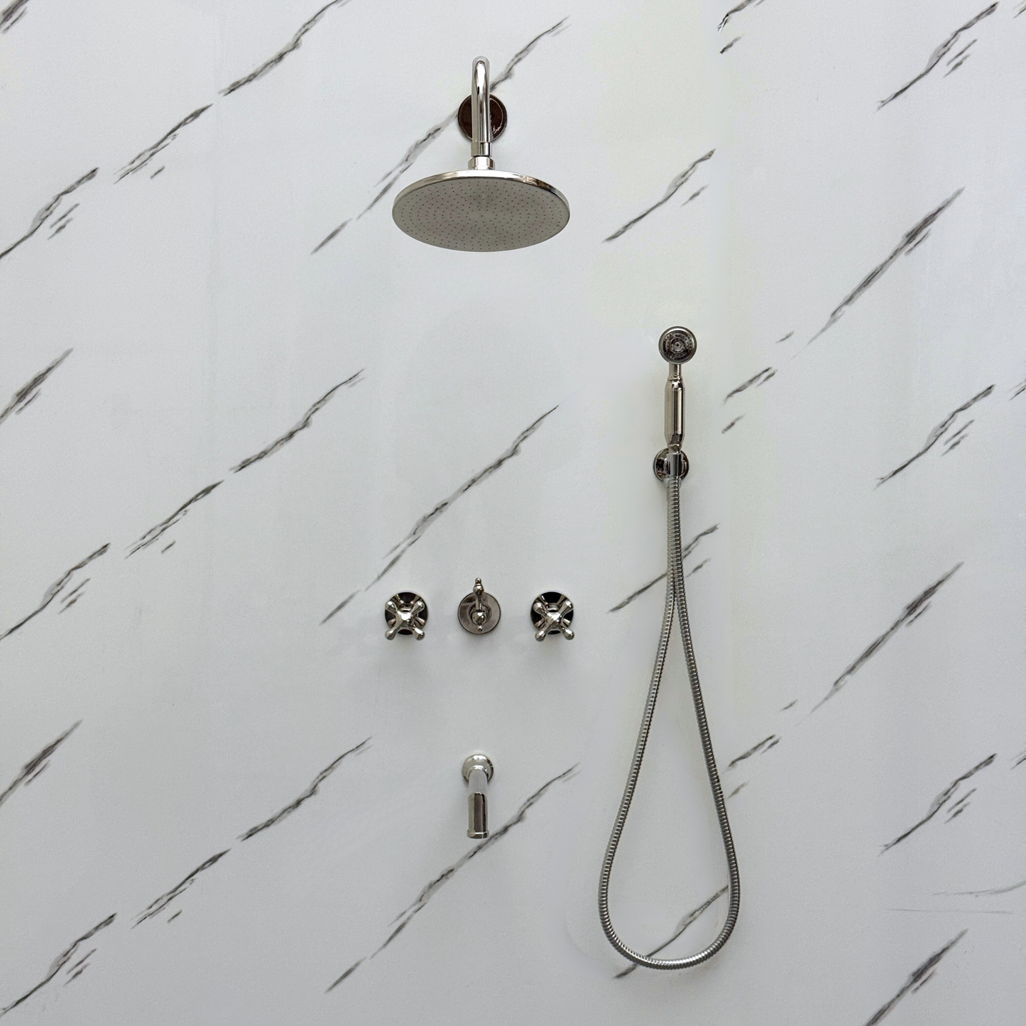 Polished Nickel Shower System with Adjustable Flat Round Rain Shower Head, Handheld Shower Head, Tub Filler and Cross Handles