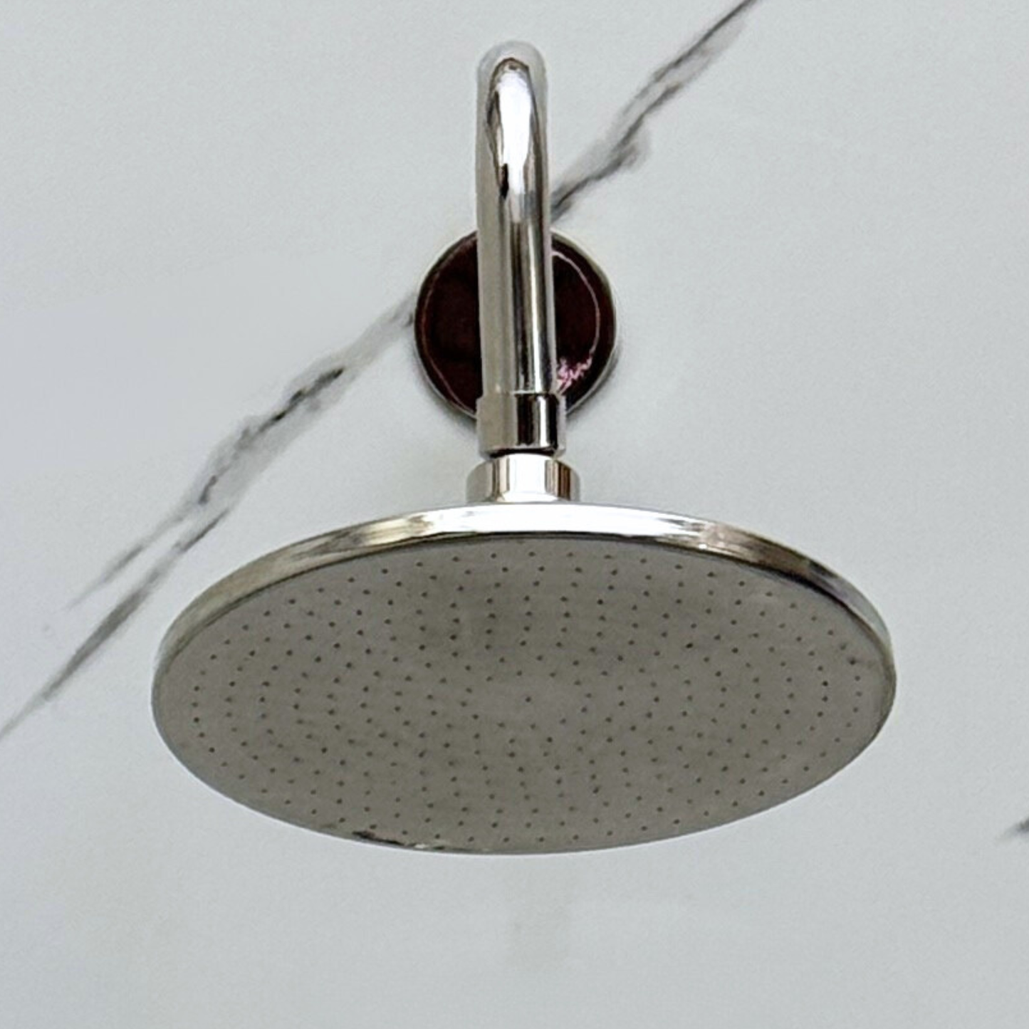 Polished Nickel Shower System with Adjustable Flat Round Rain Shower Head, Handheld Shower Head, Tub Filler and Cross Handles