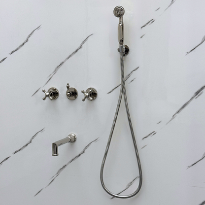 Polished Nickel Shower System with Adjustable Flat Round Rain Shower Head, Handheld Shower Head, Tub Filler and Cross Handles