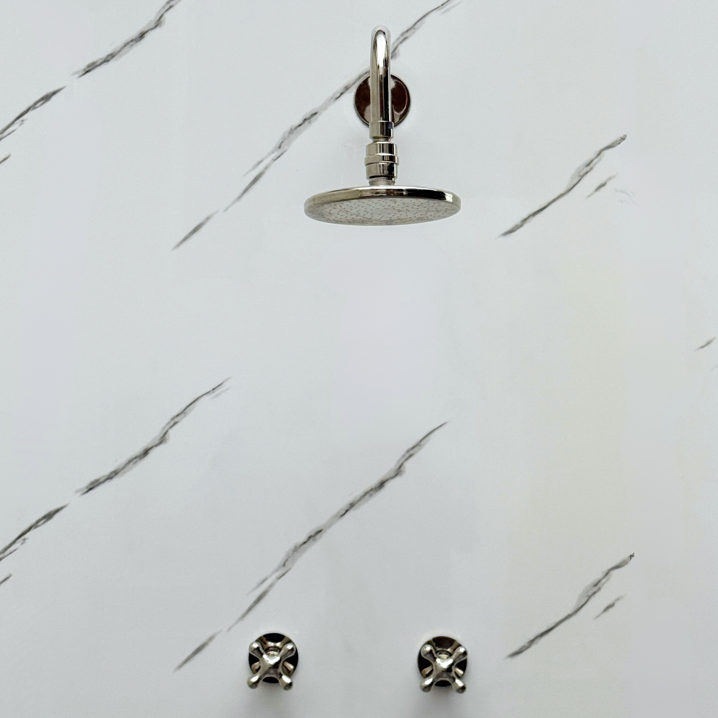 Polished Nickel Shower System with Adjustable Flat Round Rain Shower Head, Straight Arm and Cross Handles