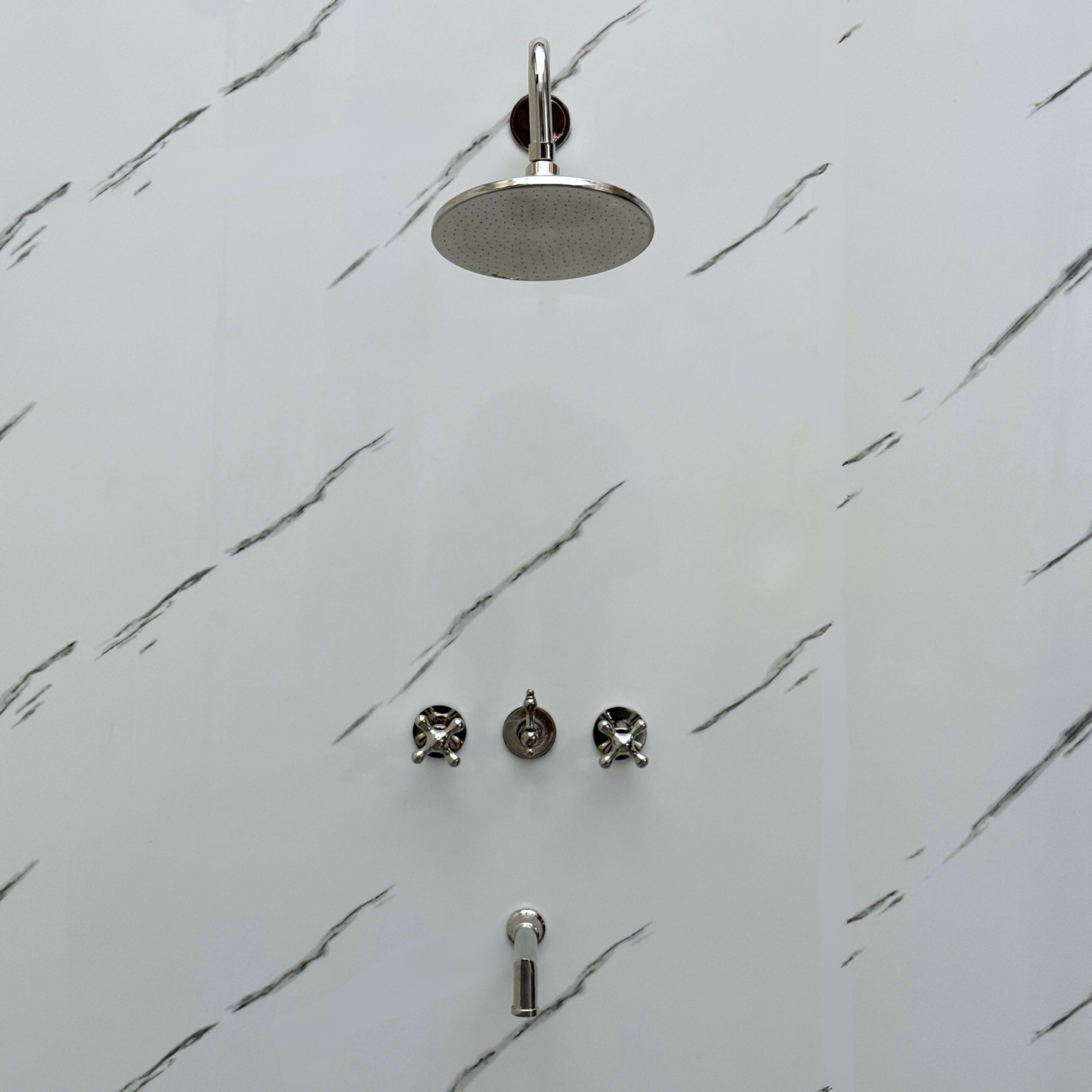 Polished Nickel Shower System with Adjustable Flat Round Rain Shower Head, Tub Filler and Cross Handles