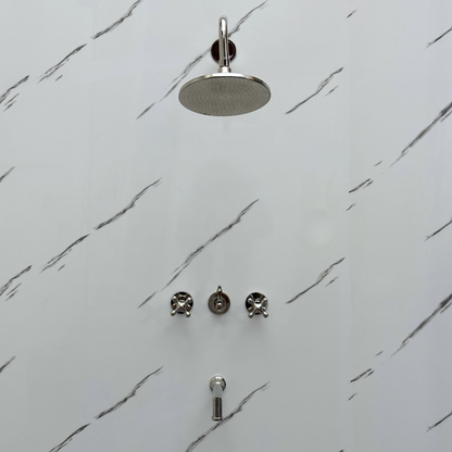 Polished Nickel Shower System with Adjustable Flat Round Rain Shower Head, Tub Filler and Cross Handles