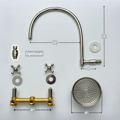 Polished Nickel Shower System with Adjustable Round Rain Shower Head, Arcuate Arm and Cross Handles