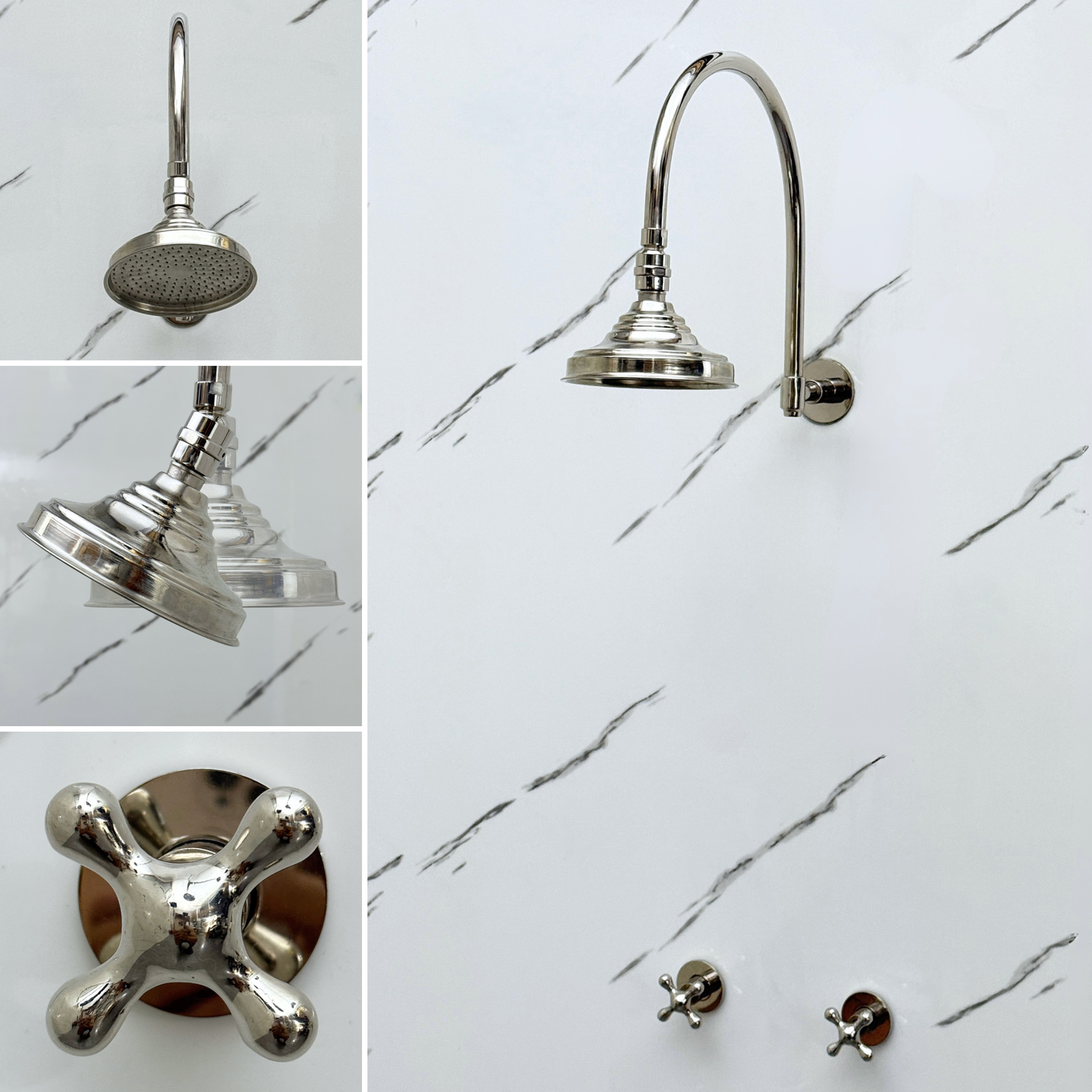 Polished Nickel Shower System with Adjustable Round Rain Shower Head, Arcuate Arm and Cross Handles