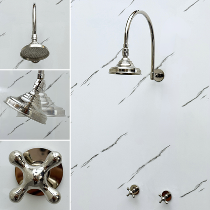 Polished Nickel Shower System with Adjustable Round Rain Shower Head, Arcuate Arm and Cross Handles