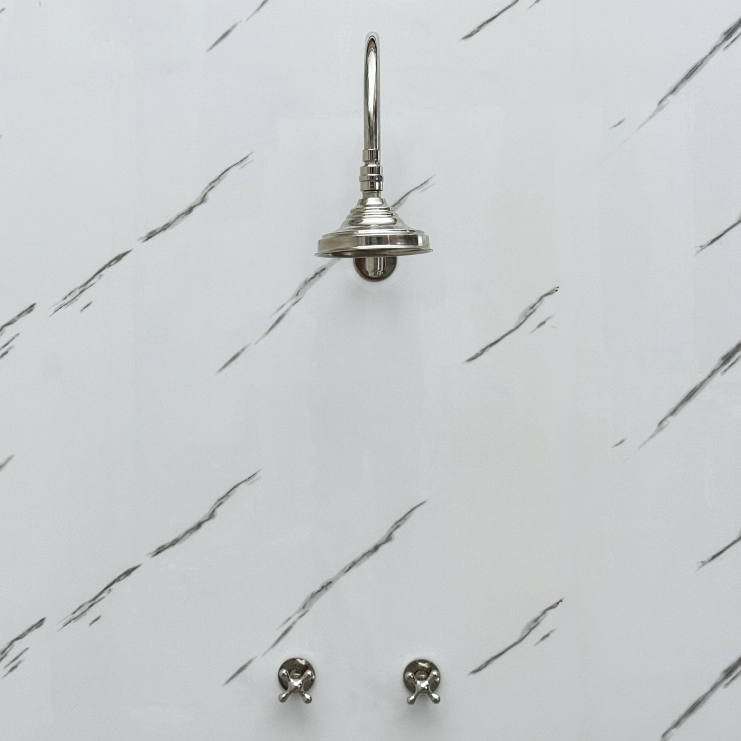 Polished Nickel Shower System with Adjustable Round Rain Shower Head, Arcuate Arm and Cross Handles
