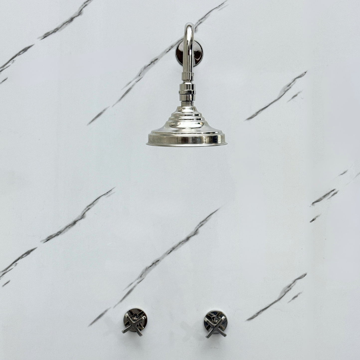 Polished Nickel Shower System with Adjustable Round Rain Shower Head, Cross Handles and Straight Arm