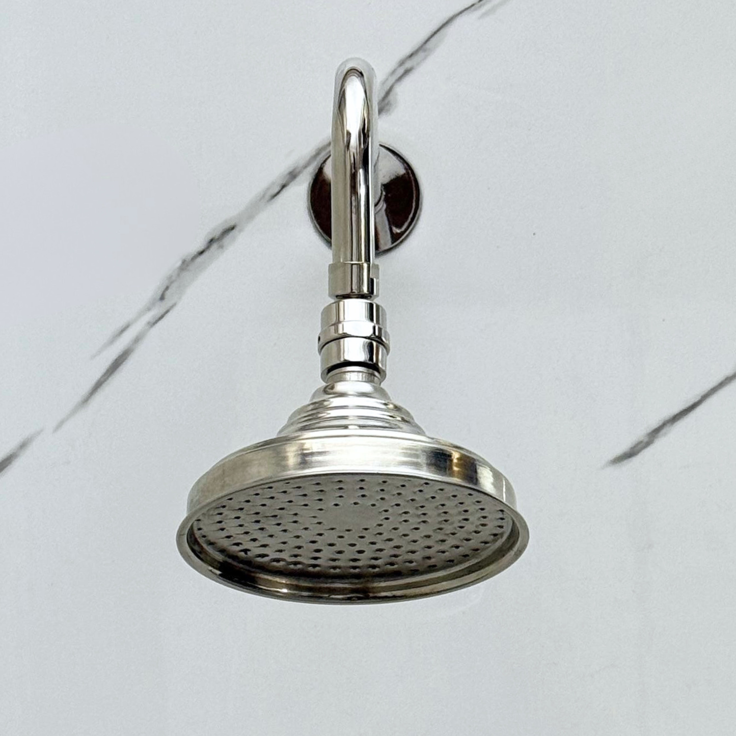Polished Nickel Shower System with Adjustable Round Rain Shower Head, Cross Handles and Straight Arm