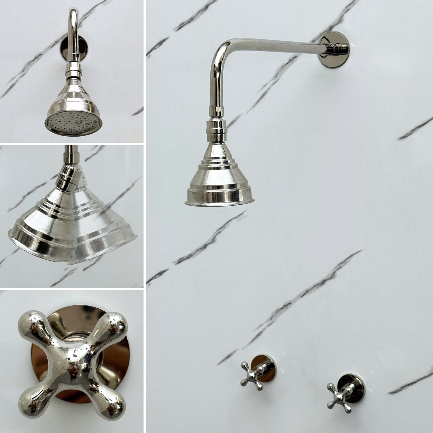 Polished Nickel Shower System with Adjustable Round Rain Shower Head, Straight Arm and Cross Handles