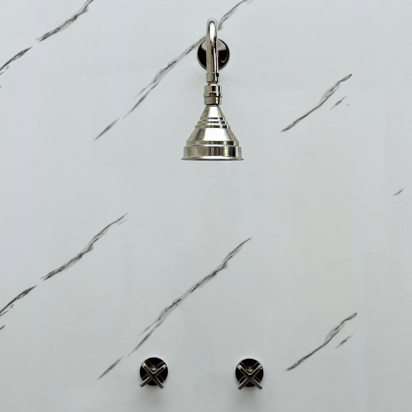Polished Nickel Shower System with Adjustable Round Rain Shower Head, Straight Arm and Cross Handles