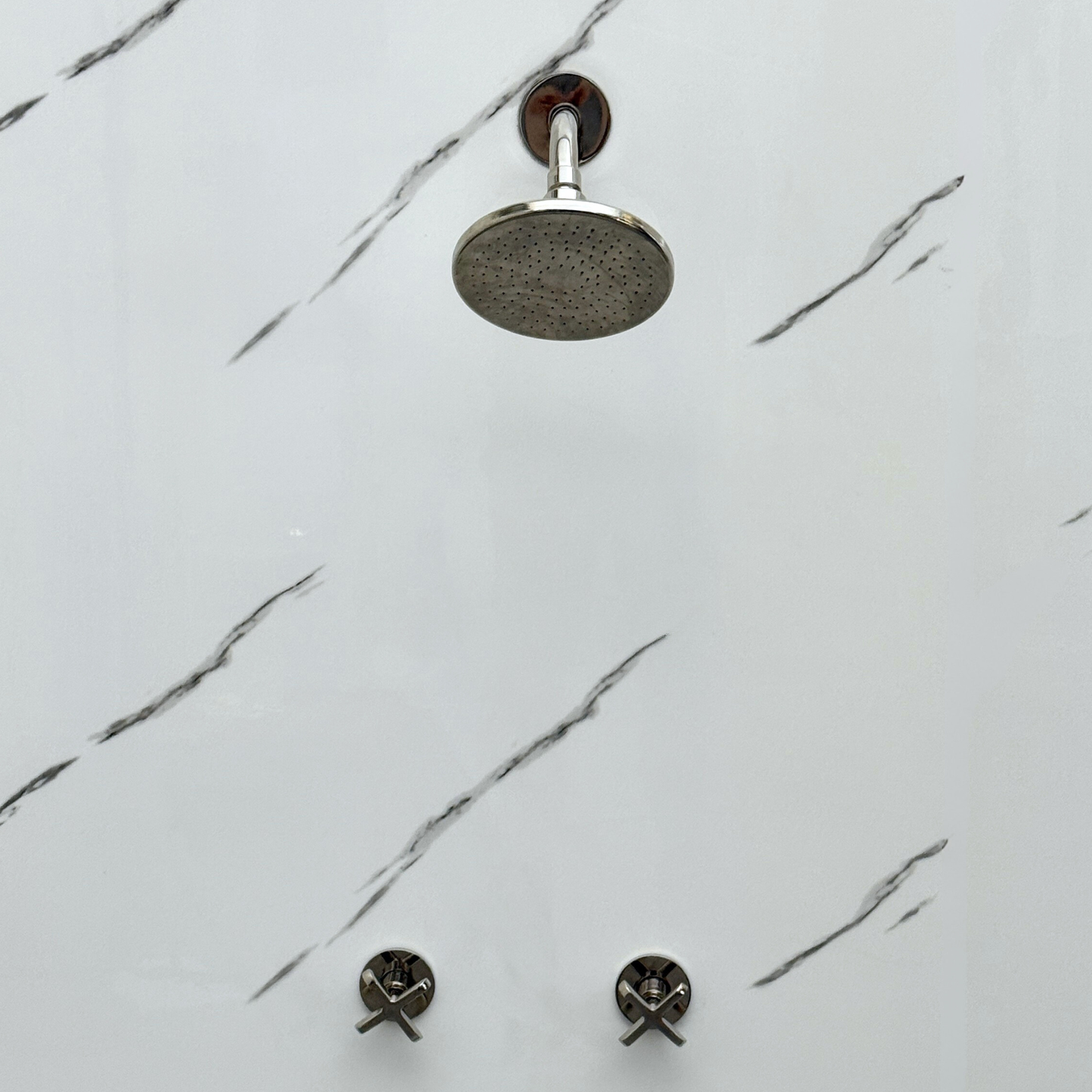 Polished Nickel Shower System with Flat Round Rain Adjustable Shower Head, Short Arm and Cross Handles
