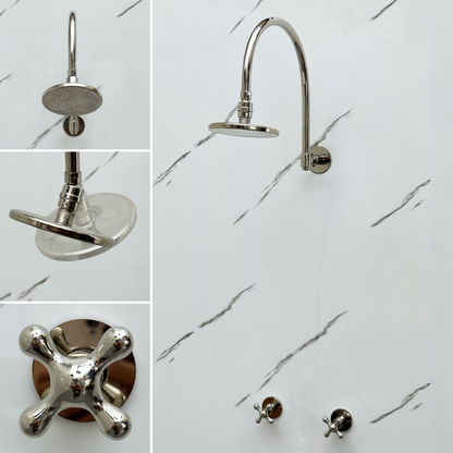 Polished Nickel Shower System with Flat Round Rain Shower Head, Arcuate Arm and Cross Handles