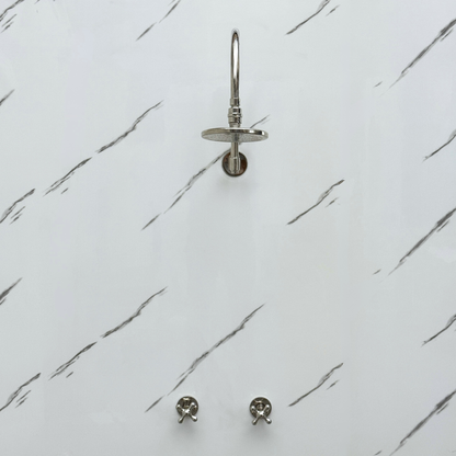 Polished Nickel Shower System with Flat Round Rain Shower Head, Arcuate Arm and Cross Handles