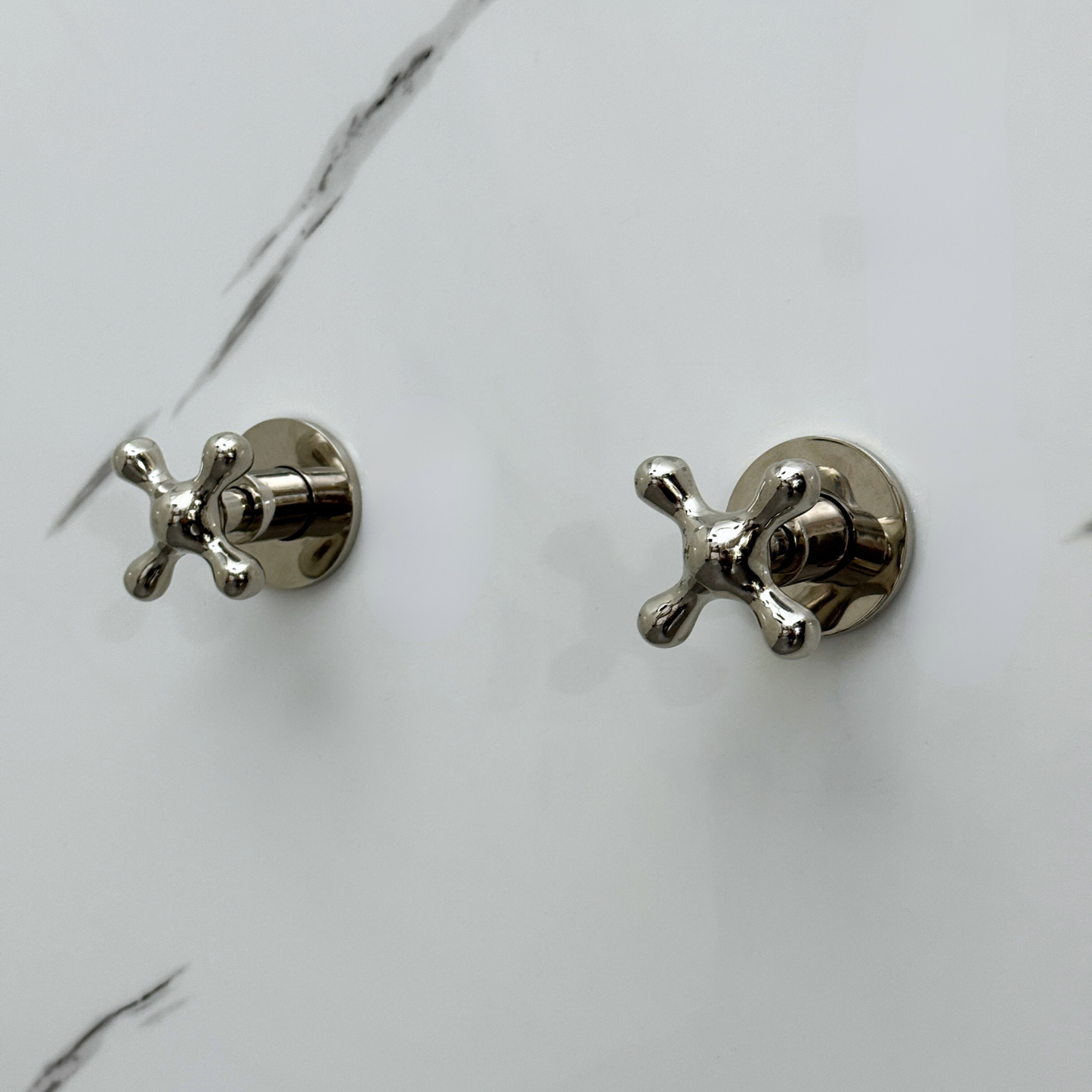 Polished Nickel Shower System with Flat Round Rain Shower Head, Arcuate Arm and Cross Handles