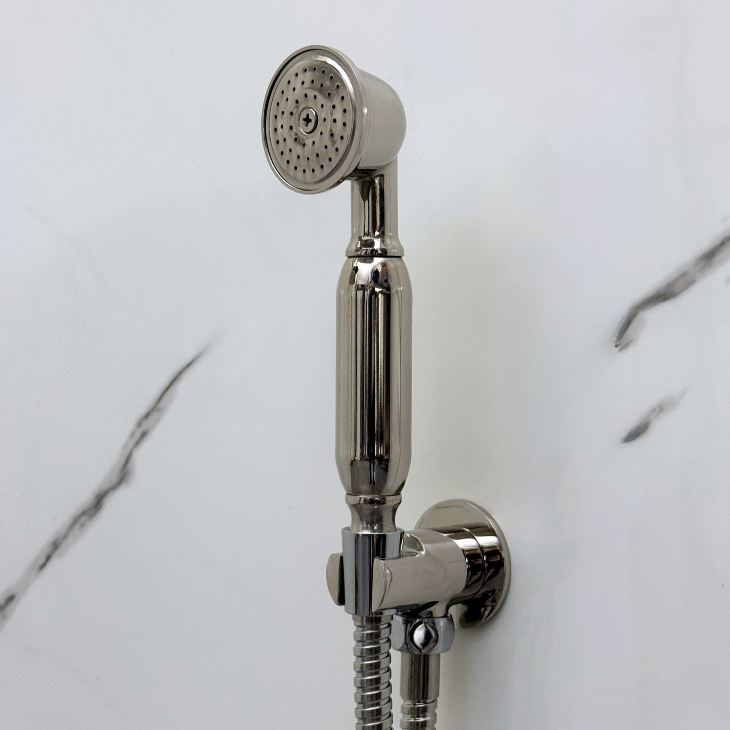 Polished Nickel Shower System with Round Rain Adjustable Shower Head, Handheld Shower Head, Tub Filler and Cross Handles