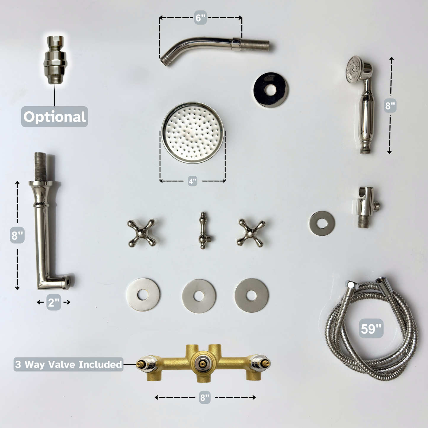 Polished Nickel Shower System with Round Rain Adjustable Shower Head, Handheld Shower Head, Tub Filler and Cross Handles