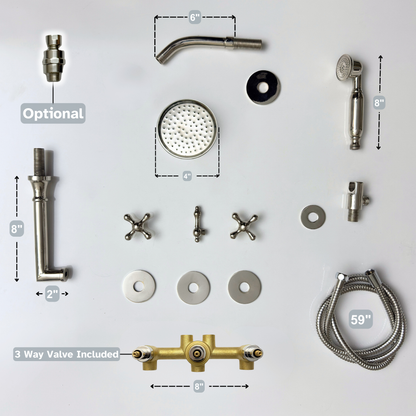 Polished Nickel Shower System with Round Rain Adjustable Shower Head, Handheld Shower Head, Tub Filler and Cross Handles