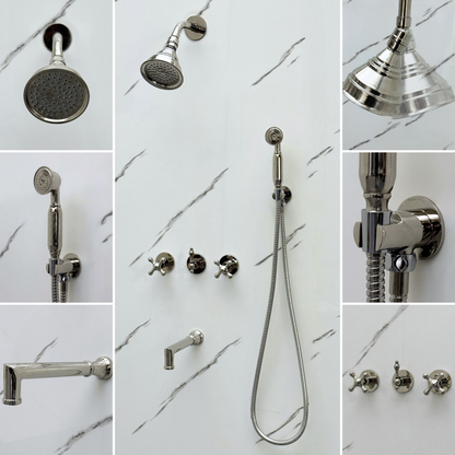 Polished Nickel Shower System with Round Rain Adjustable Shower Head, Handheld Shower Head, Tub Filler and Cross Handles