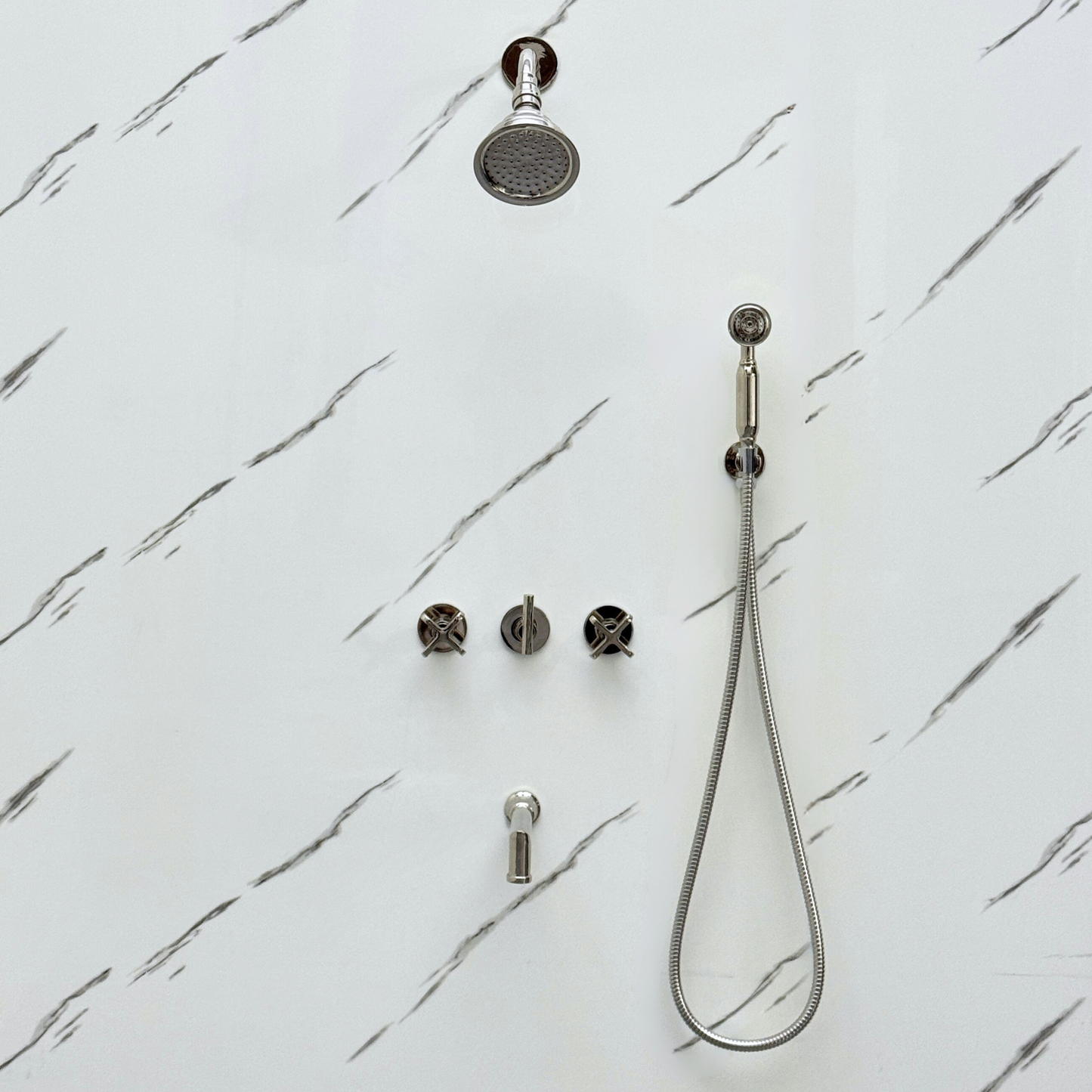 Polished Nickel Shower System with Round Rain Adjustable Shower Head, Handheld Shower Head, Tub Filler and Cross Handles