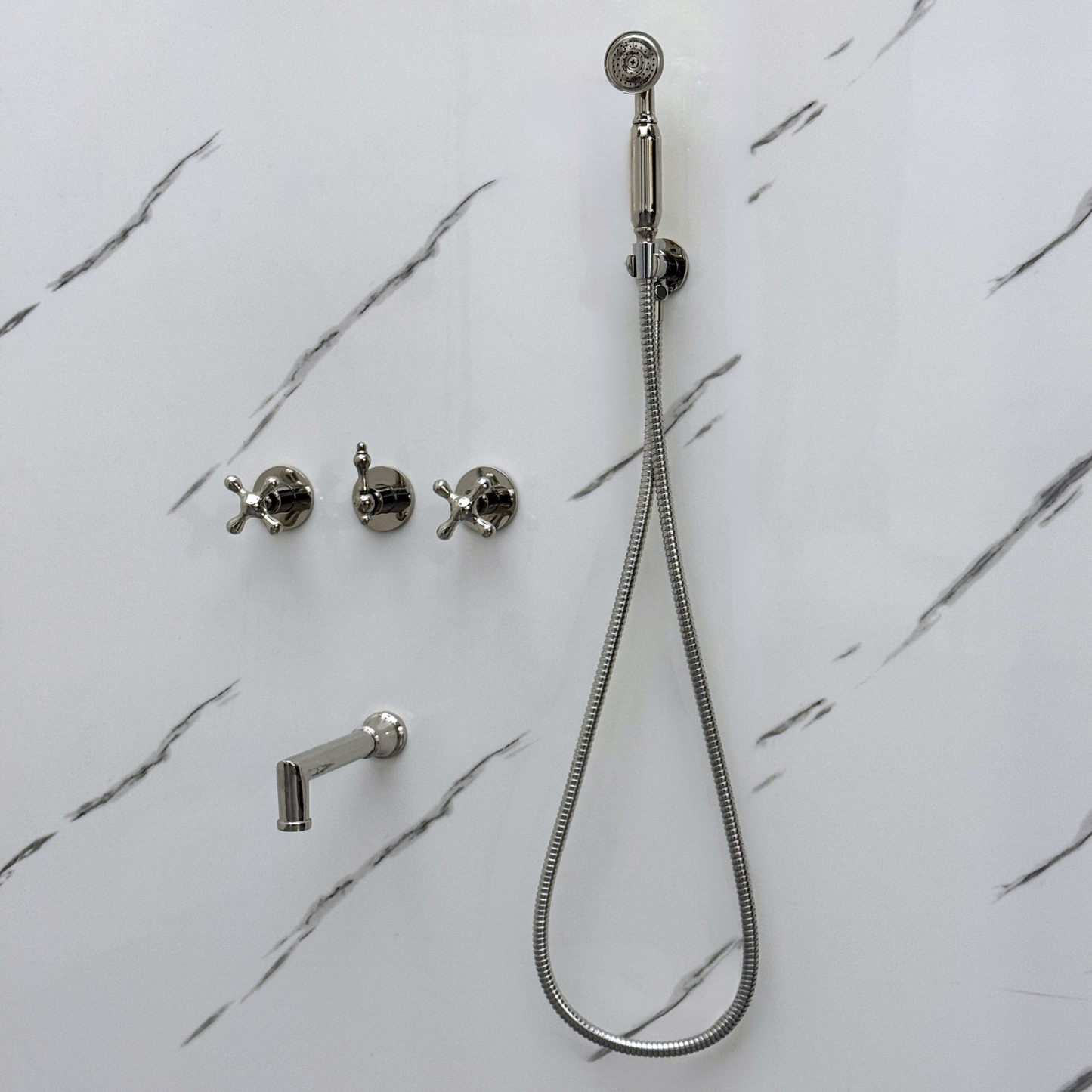 Polished Nickel Shower System with Round Rain Adjustable Shower Head, Handheld Shower Head, Tub Filler and Cross Handles