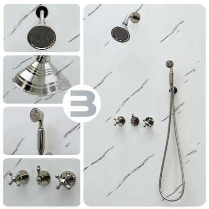 Polished Nickel Shower System with Round Rain Adjustable Shower Head, Handheld Shower Head and Cross Handles