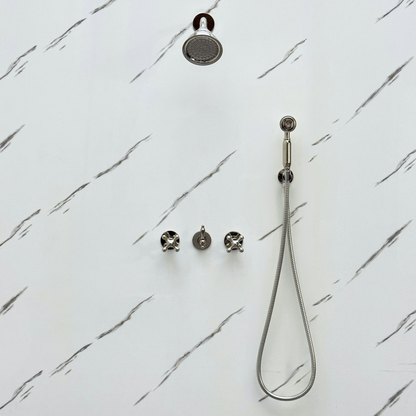 Polished Nickel Shower System with Round Rain Adjustable Shower Head, Handheld Shower Head and Cross Handles