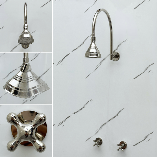 Polished Nickel Shower System with Round Rain Shower Head, Arcuate Arm and Cross Handles