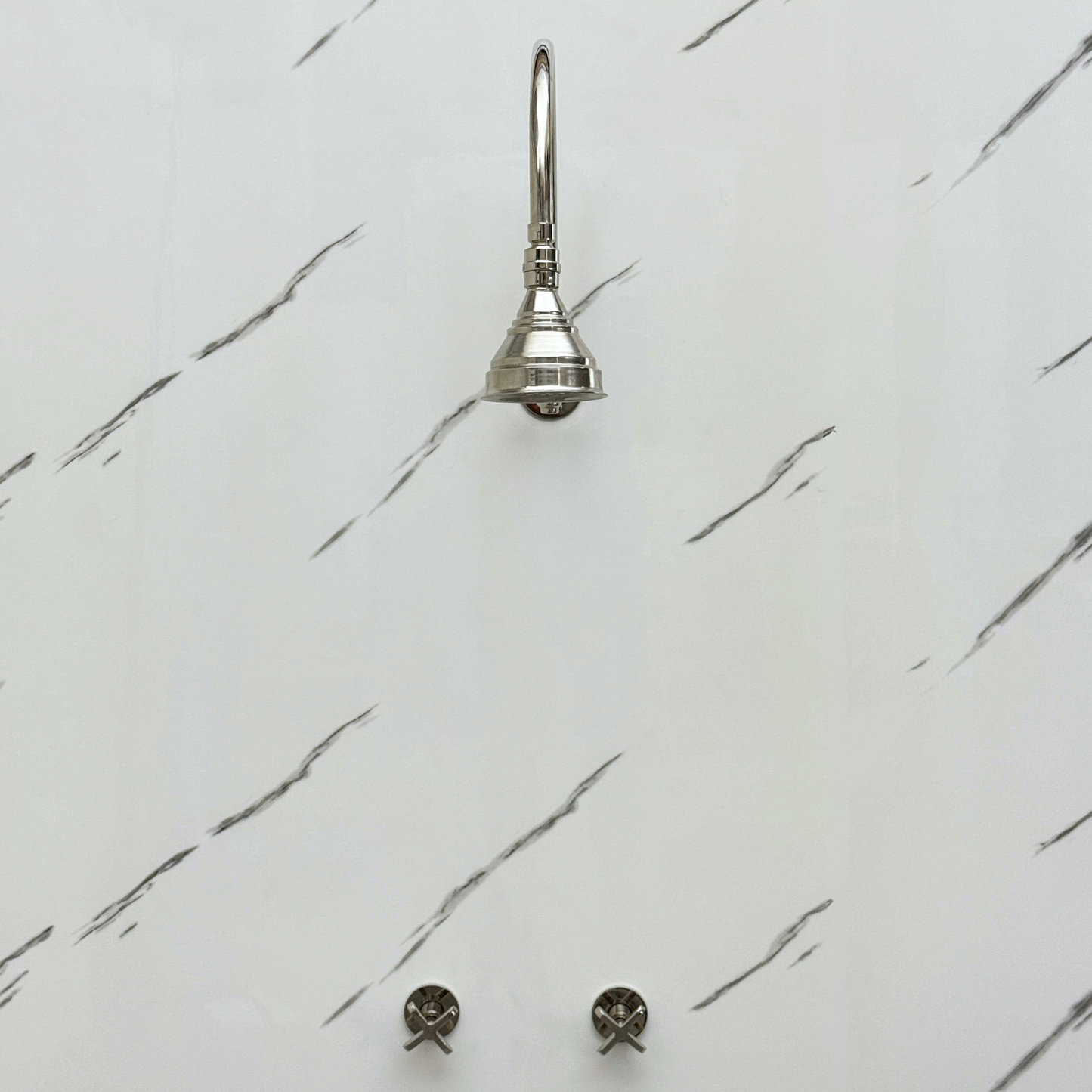 Polished Nickel Shower System with Round Rain Shower Head, Arcuate Arm and Cross Handles