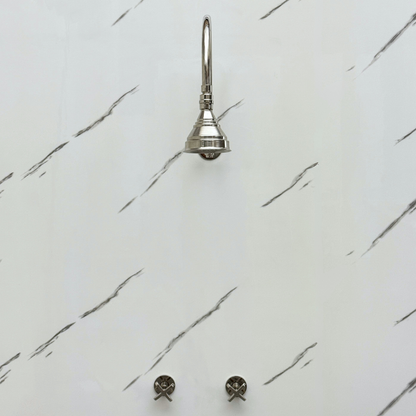 Polished Nickel Shower System with Round Rain Shower Head, Arcuate Arm and Cross Handles