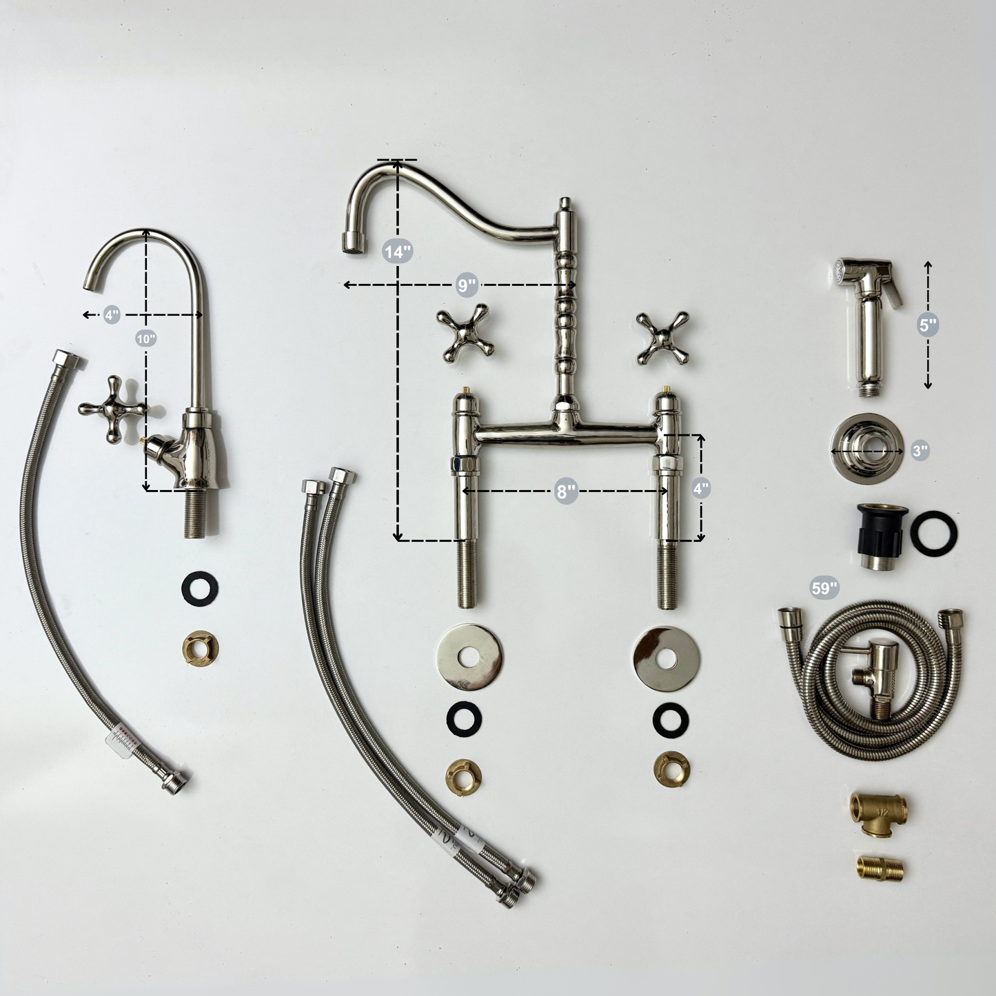 Polished Nickel Victorian Bridge Faucet with Sprayer, Cold Water Faucet and Cross Handles