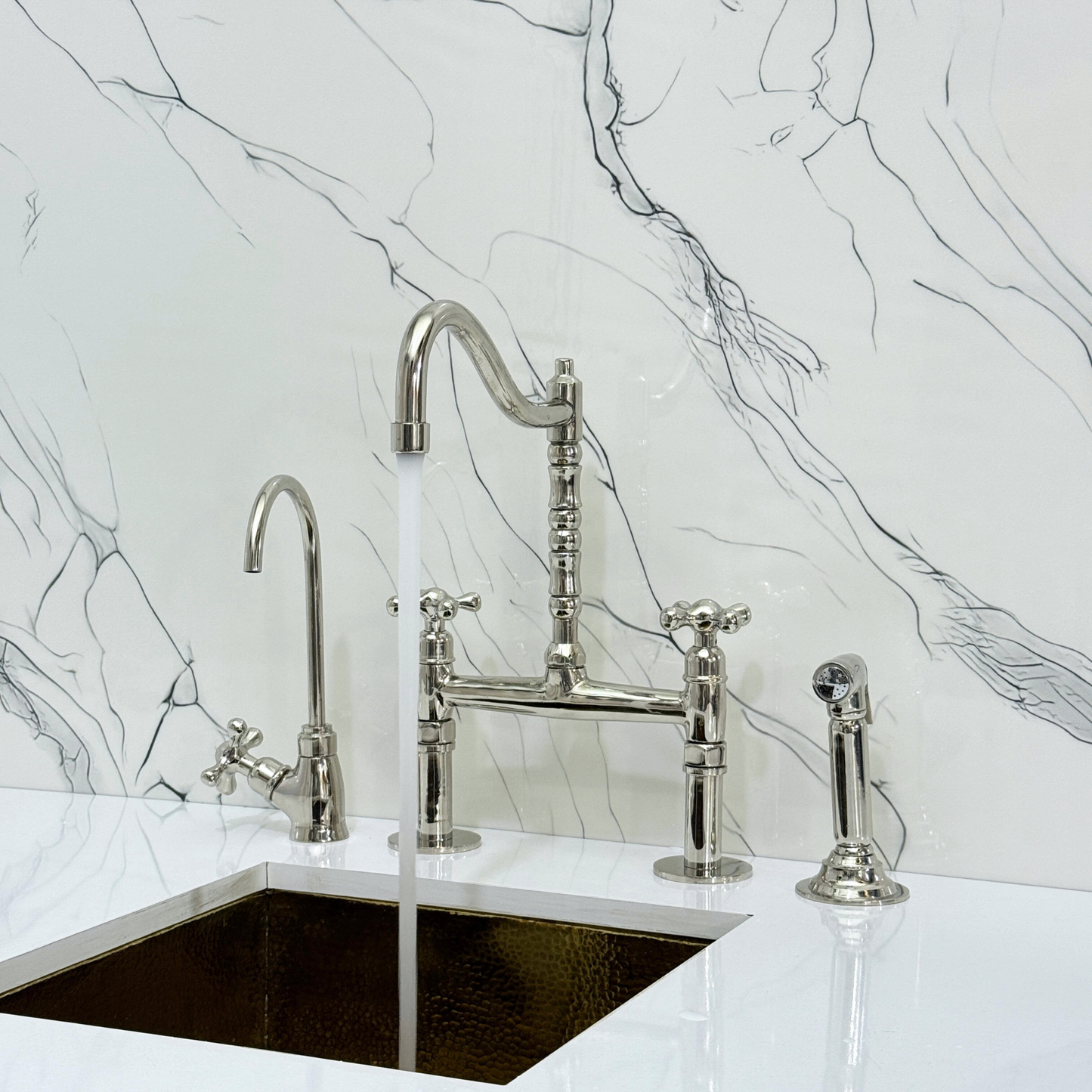 Polished Nickel Victorian Bridge Faucet with Sprayer, Cold Water Faucet and Cross Handles