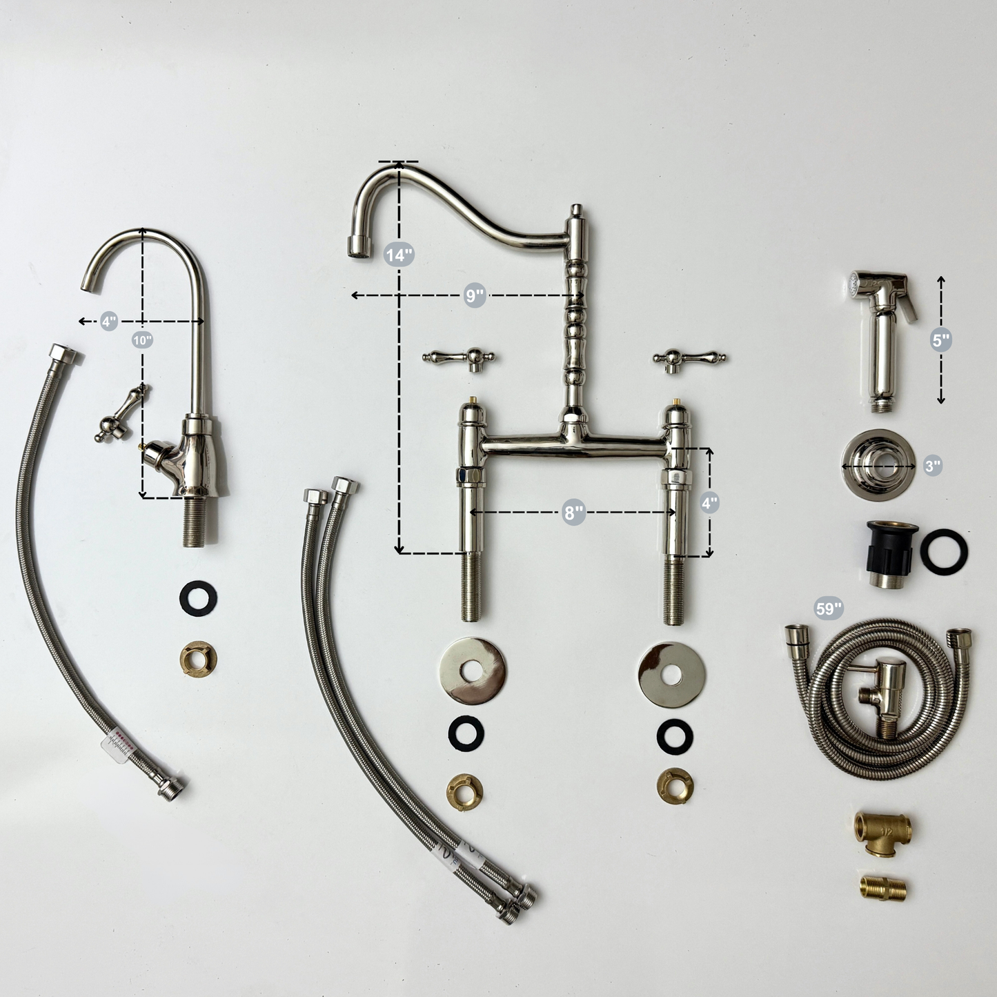 Polished Nickel Victorian Bridge Faucet with Sprayer, Cold Water Faucet and Lever Handles