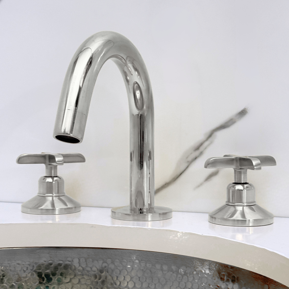 Polished Nickel Gooseneck Widespread Bathroom Faucet with Cross Handles