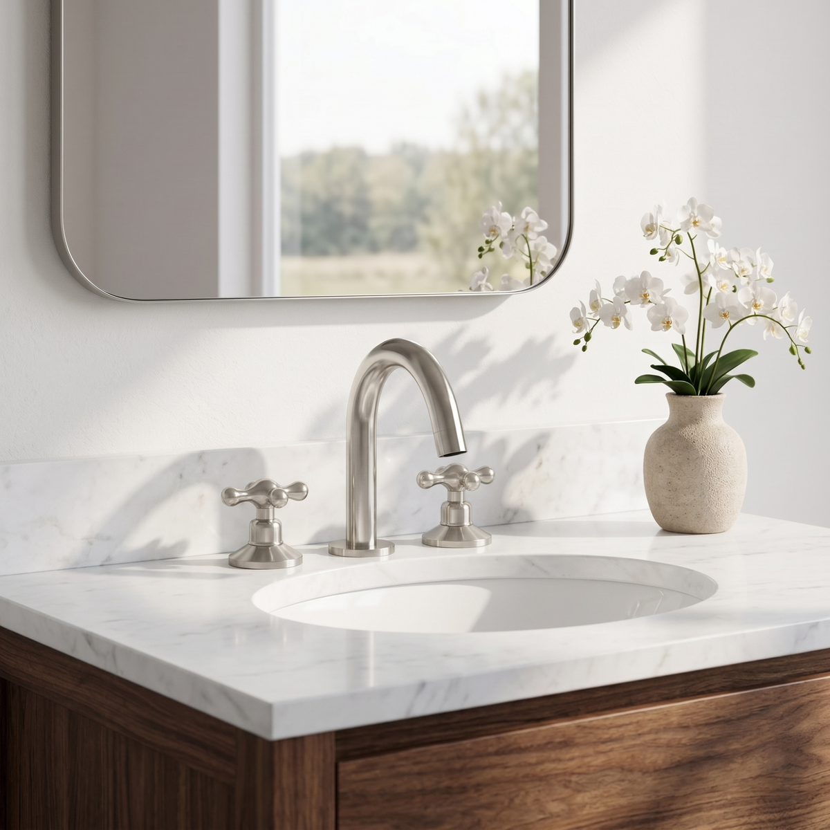 Polished Nickel Gooseneck Widespread Bathroom Faucet with Cross Handles