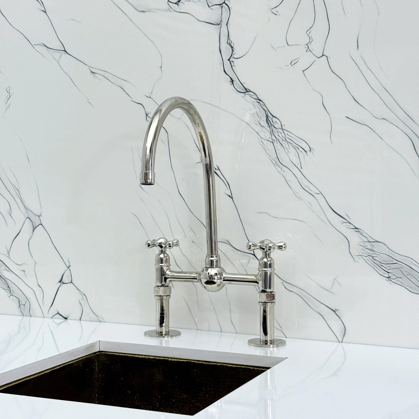 Polished Nickel Bridge Faucet with Sprayer, Cold Water Faucet, Straight Legs and Cross Handles